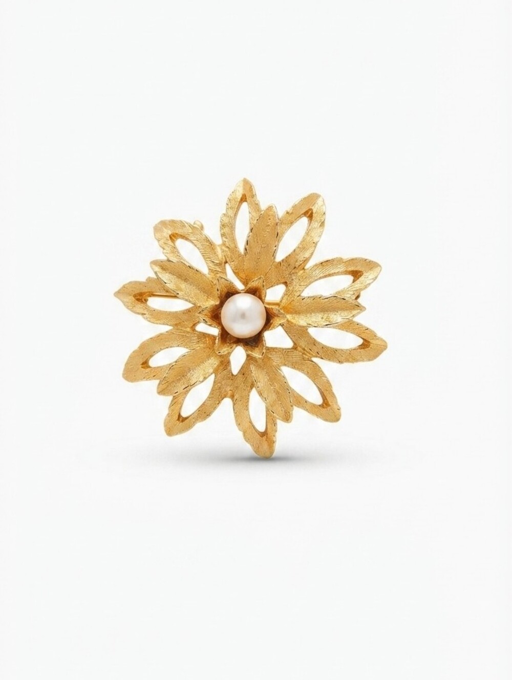 Vintage 1960s Gold Tone Flower Brooch Pin, Mid Century Textured Floral Faux Pear